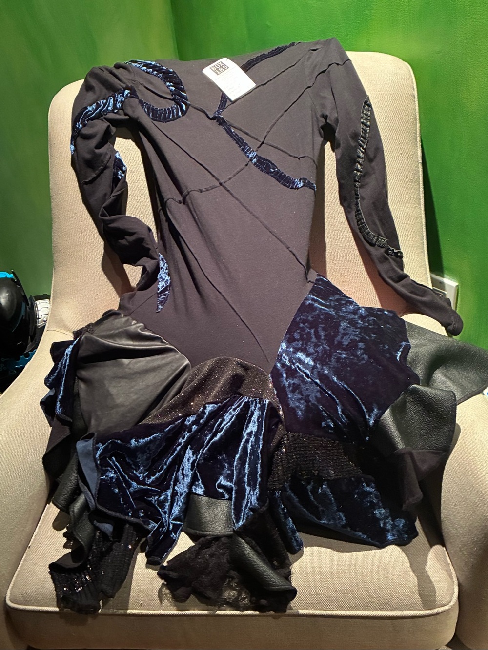 Asymmetrical Navy Velvet-Panel Long Sleeve Dress